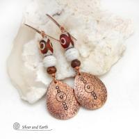 Hand Stamped Copper Dangle Earrings with Etched Tibetan Agate Stones - Unique Boho Chic Jewelry