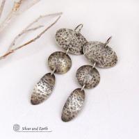 Hammered Sterling Silver Triple Dangle Earrings - Contemporary Modernist Artisan Jewelry