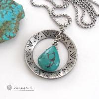 Hand Stamped Silver Pewter Circle Necklace with Natural Turquoise Stone - Southwest Style Jewelry