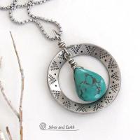 Hand Stamped Silver Pewter Circle Necklace with Natural Turquoise Stone - Southwest Style Jewelry