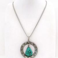 Hand Stamped Silver Pewter Circle Necklace with Natural Turquoise Stone - Southwest Style Jewelry