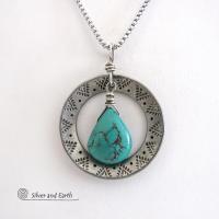 Hand Stamped Silver Pewter Circle Necklace with Natural Turquoise Stone - Southwest Style Jewelry