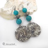 Textured Sterling Silver Earrings with Turquoise Stones and Sterling Silver Beads