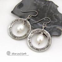 Hand Stamped Silver Pewter Circle Hoop Earrings with White Freshwater Pearls - Artisan Handcrafted Chic Modern Jewelry