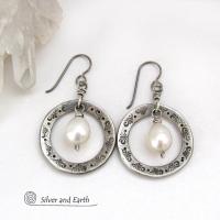 Hand Stamped Silver Pewter Circle Hoop Earrings with White Freshwater Pearls - Artisan Handcrafted Chic Modern Jewelry