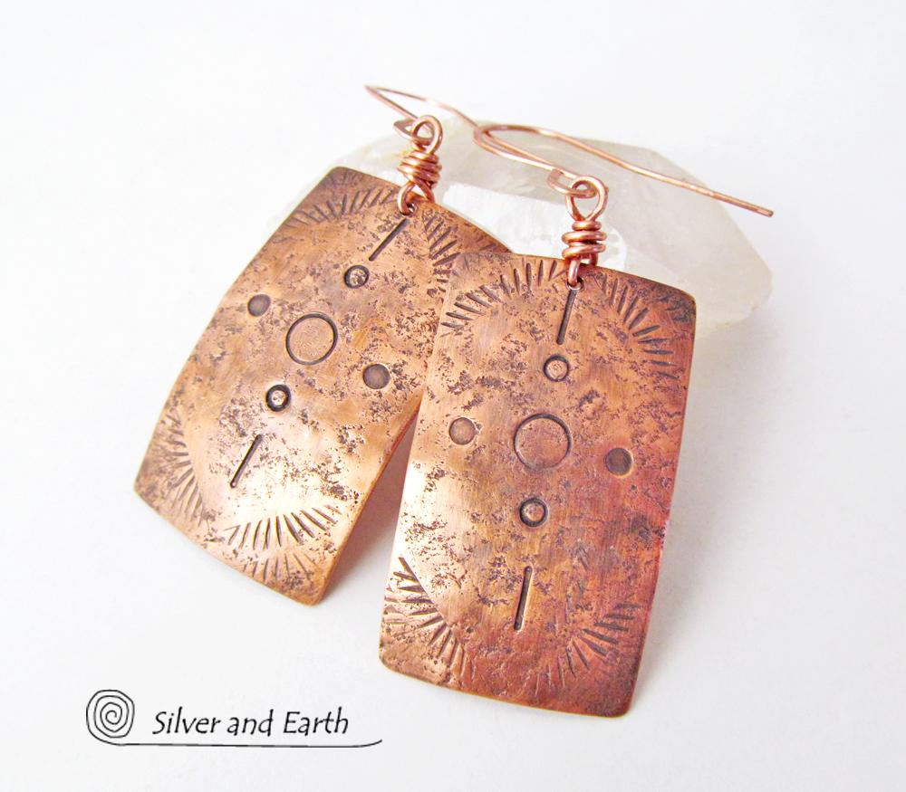 Copper Earrings with Hand Stamped Tribal Pattern - Southwest Style Jewelry