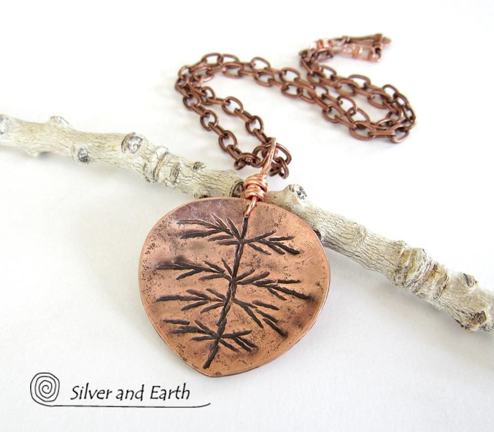 Copper Leaf Necklace with Hand Stamped Design - Earthy Nature Jewelry