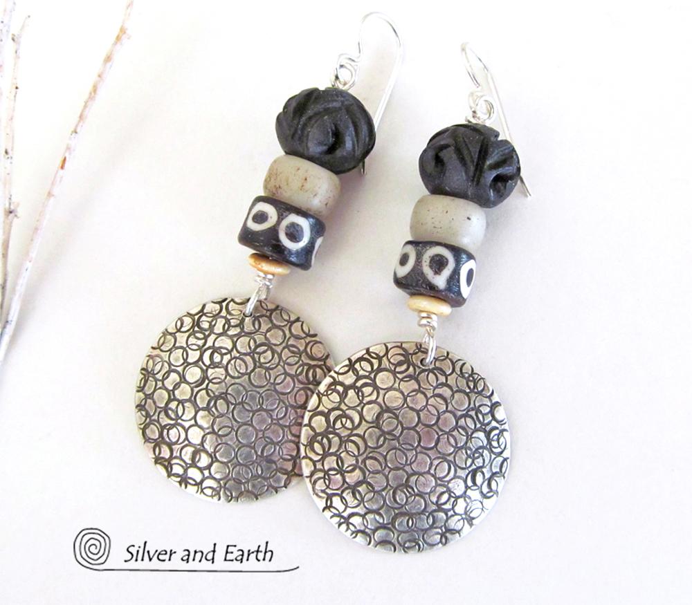 Sterling Silver Earrings with African Beads - Ethnic Boho Tribal Jewelry