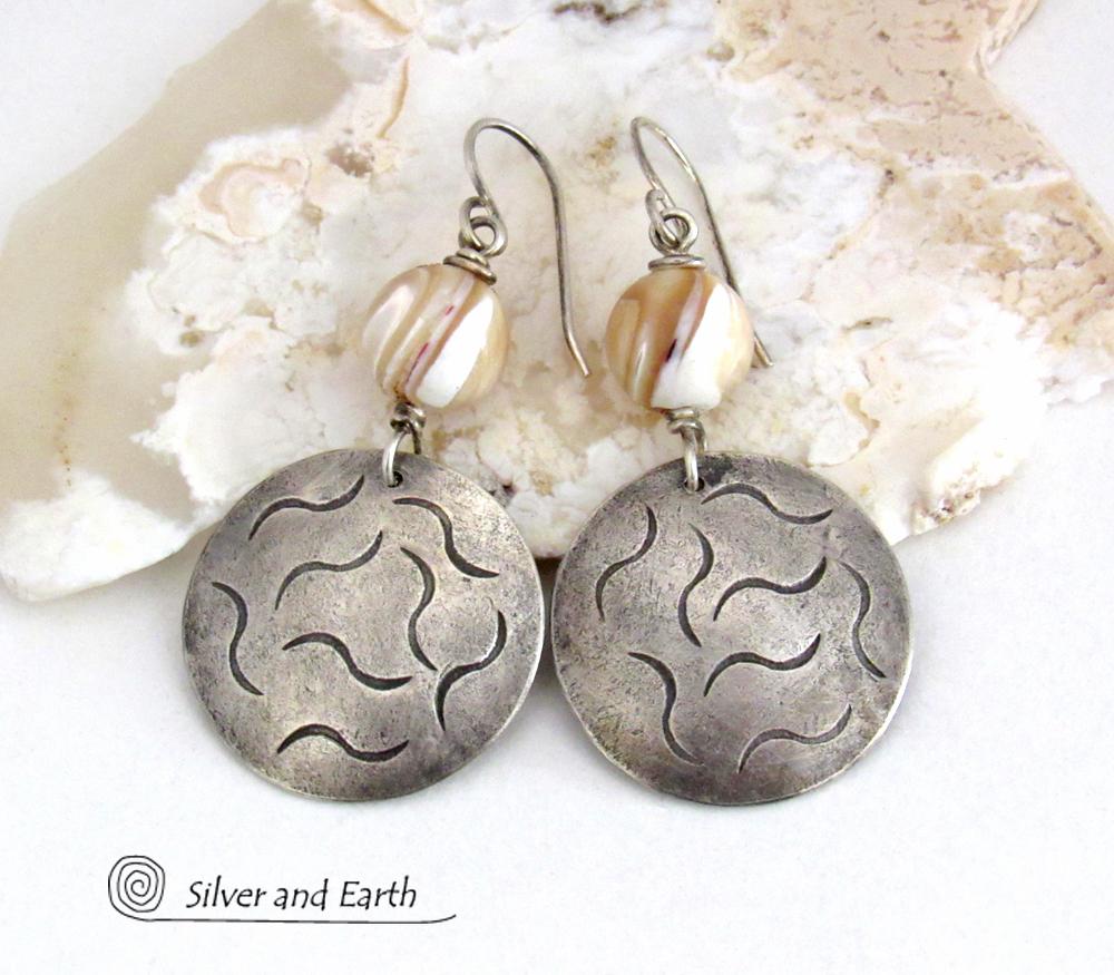 Golden White Mother of Pearl Sterling Silver Earrings with Hand Stamped Texture