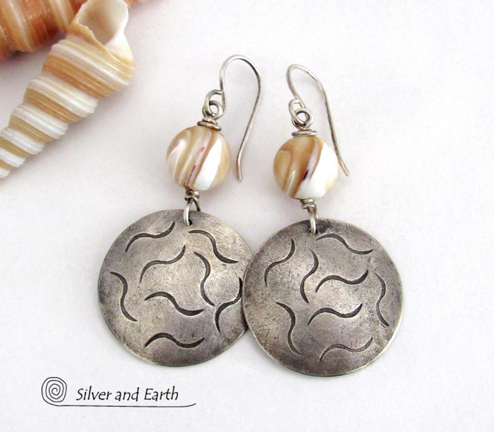 Golden White Mother of Pearl Sterling Silver Earrings with Hand Stamped Texture