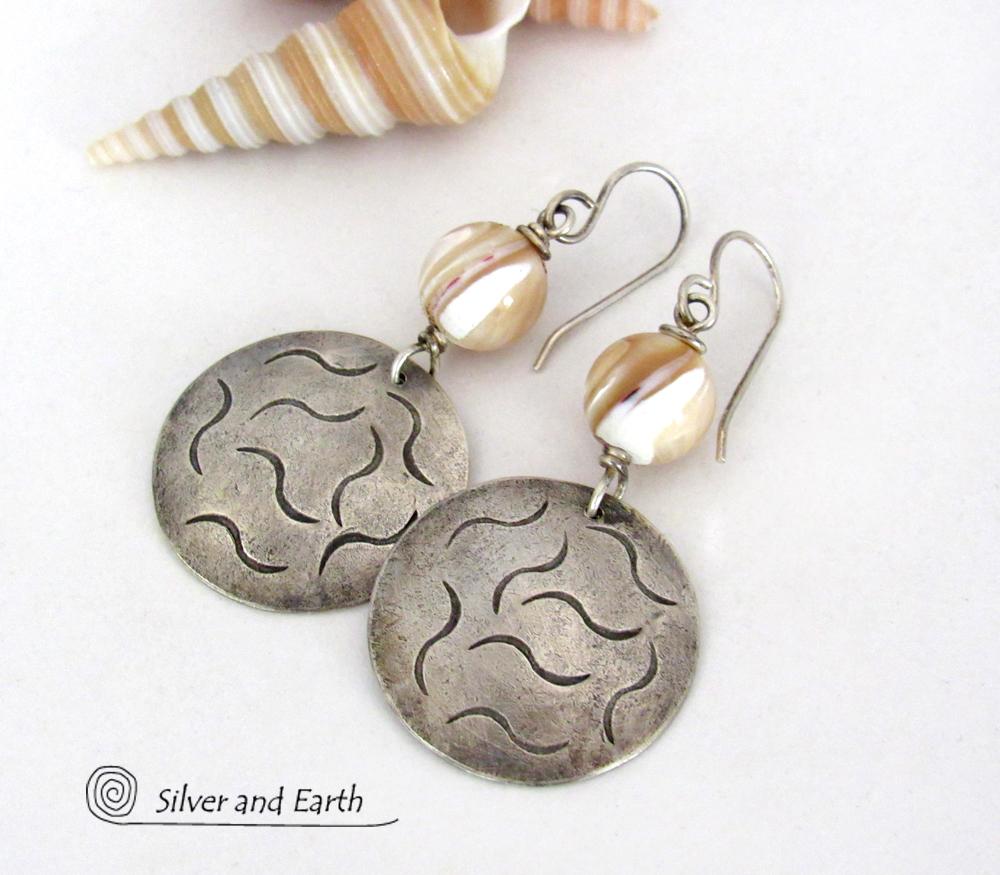 Golden White Mother of Pearl Sterling Silver Earrings with Hand Stamped Texture