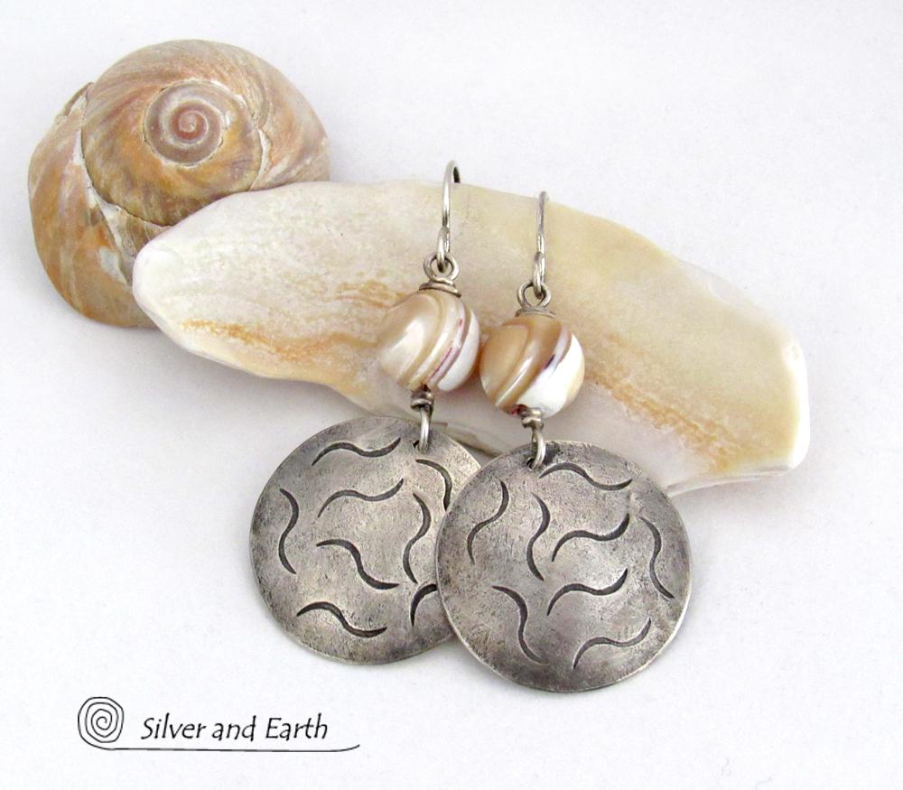 Golden White Mother of Pearl Sterling Silver Earrings with Hand Stamped Texture