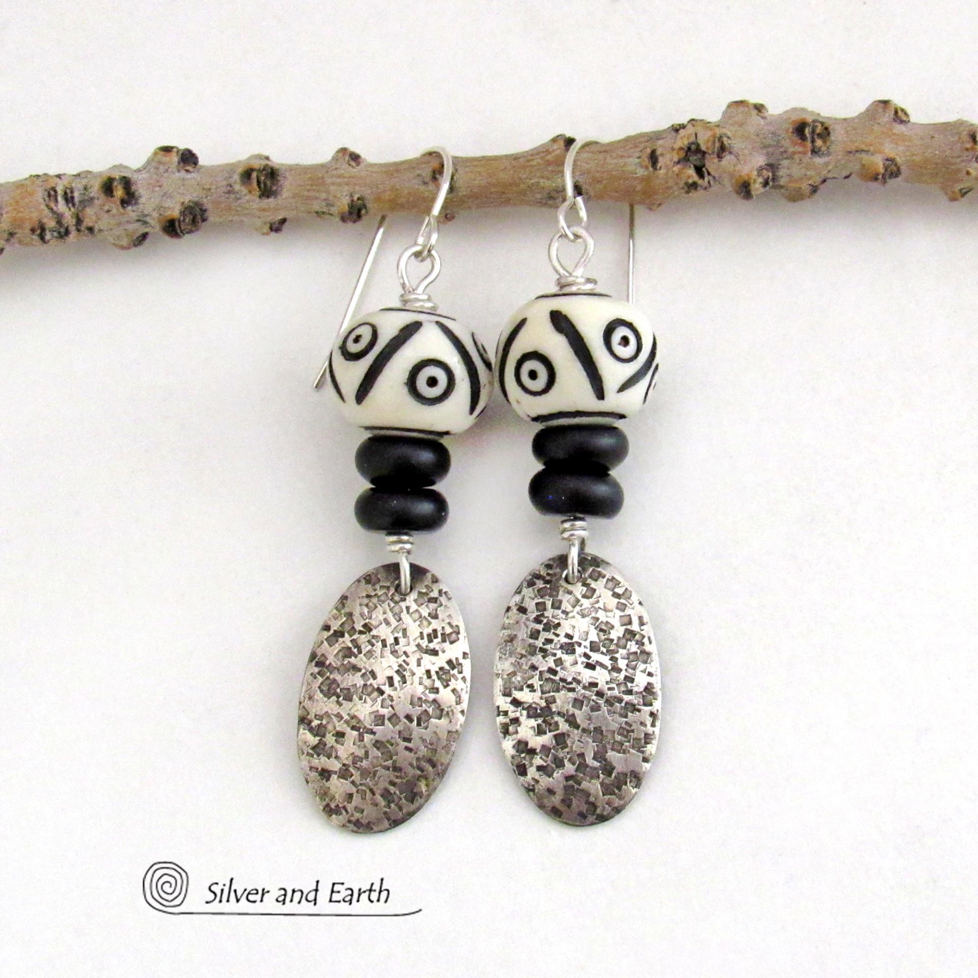 Textured Sterling Silver Dangle Earrings with Black and White African Carved Bone Beads