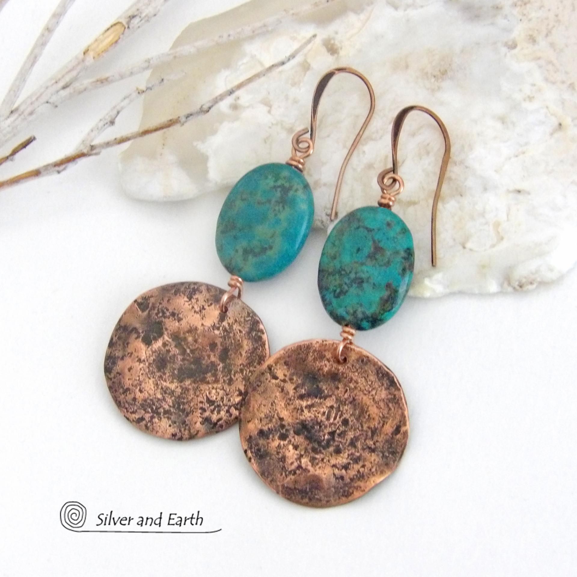 These handcrafted earrings feature copper dangles with a rustic, earthy organic hammered texture accented with natural African turquoise stones. They have an earthy chic style that coordinates beautifully with all wardrobe types. Handmade in the USA by Silver and Earth Jewelry. Your choice of ear wires - copper or hypoallergenic niobium. Makes a great gift for couples celebrating their seventh wedding anniversary, as copper is the traditional choice for this occasion.