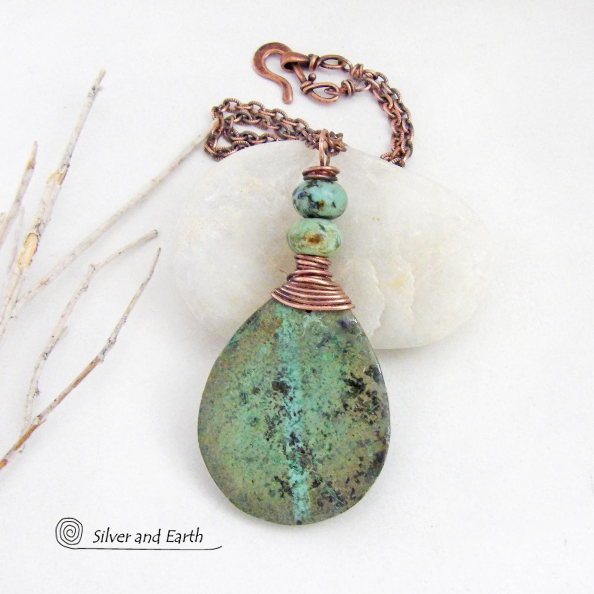 Natural African Turquoise Stone Pendant Necklace Wire Wrapped in Copper 