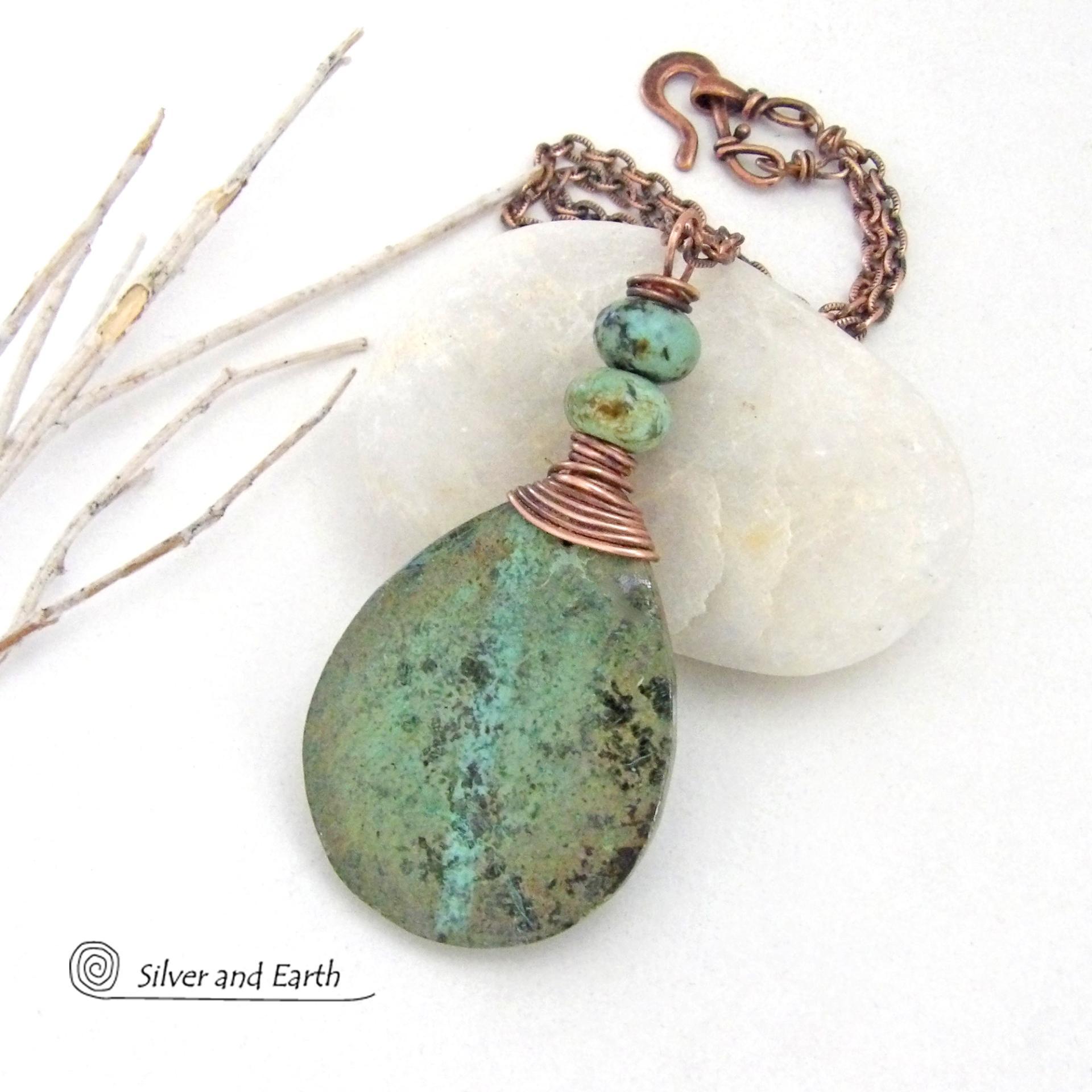 Natural African Turquoise Stone Pendant Necklace Wire Wrapped in Copper 
