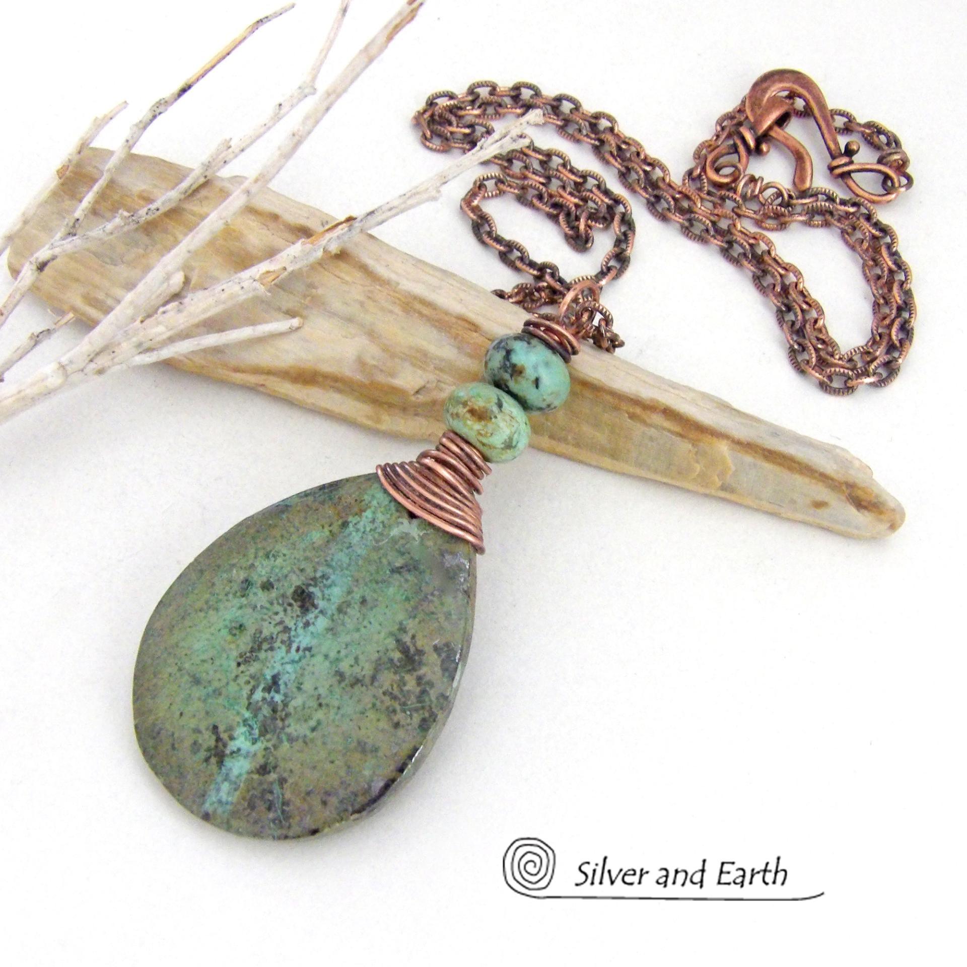 Natural African Turquoise Stone Pendant Necklace Wire Wrapped in Copper 