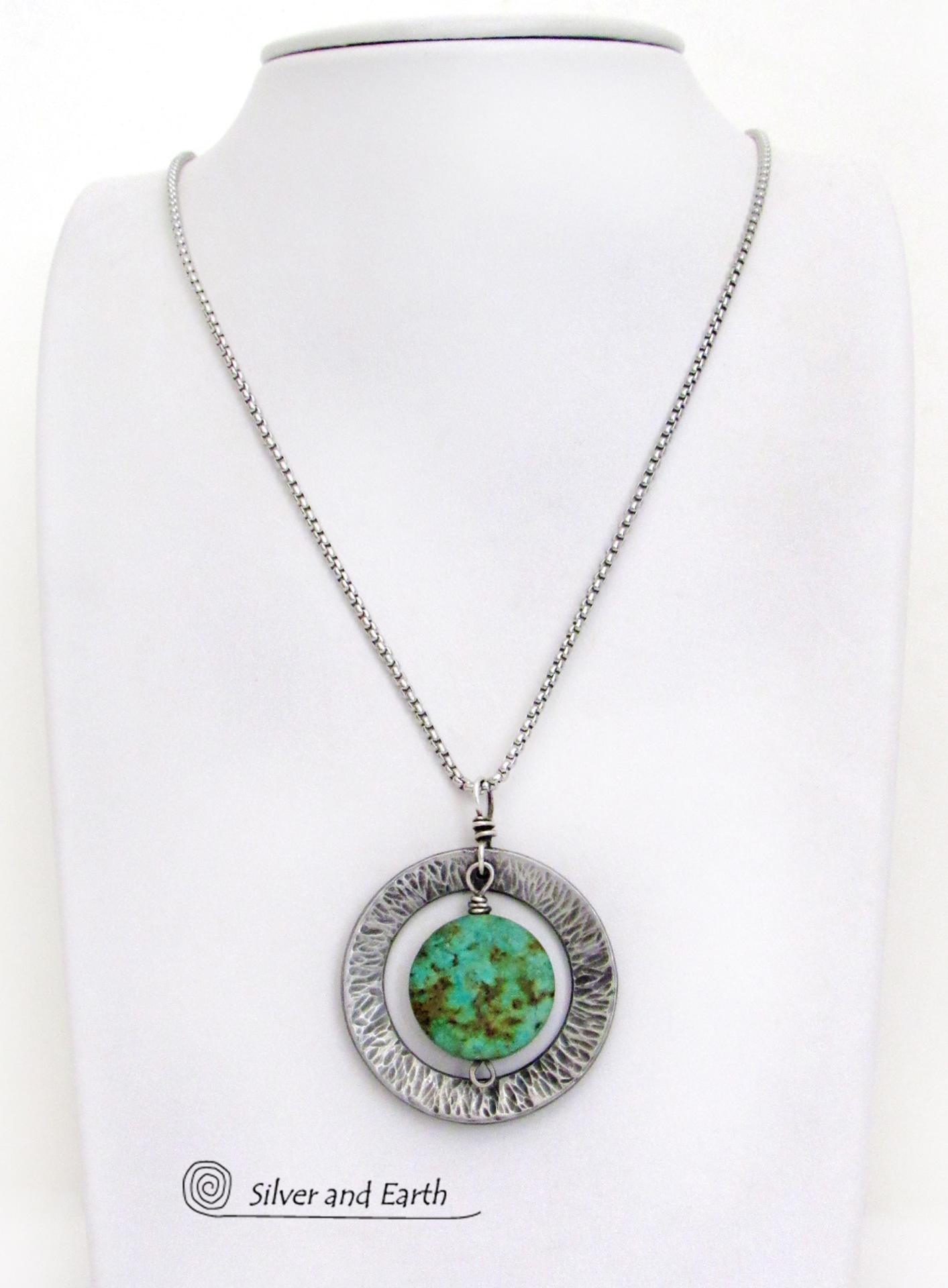 African Turquoise Silver Pewter Hammered Circle Necklace - Handcrafted Modern Earthy Natural Gemstone Jewelry