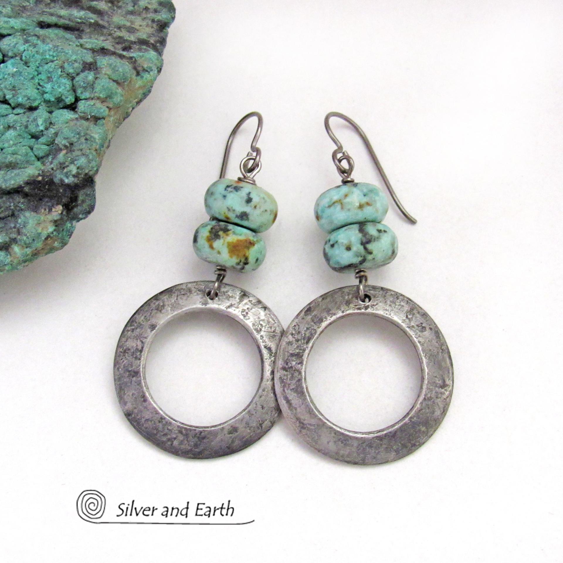 African Turquoise Silver Pewter Hoop Earrings - Modern Earthy Natural Gemstone Jewelry