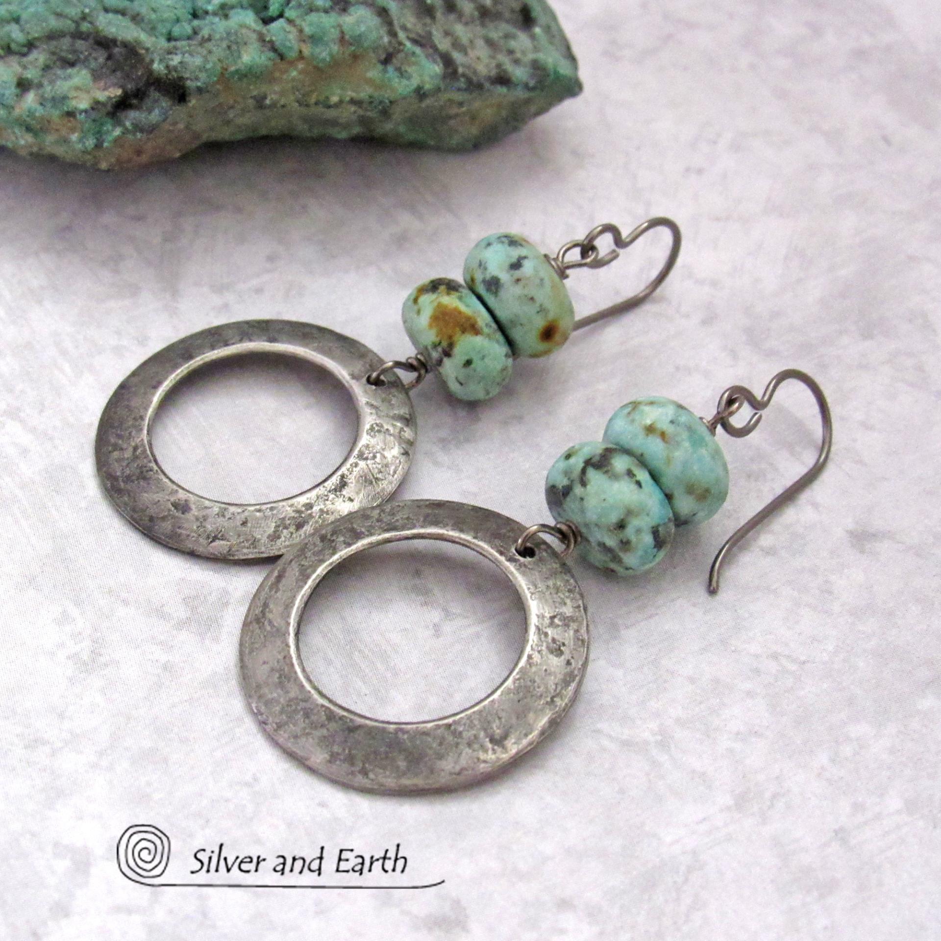 African Turquoise Silver Pewter Hoop Earrings - Modern Earthy Natural Gemstone Jewelry