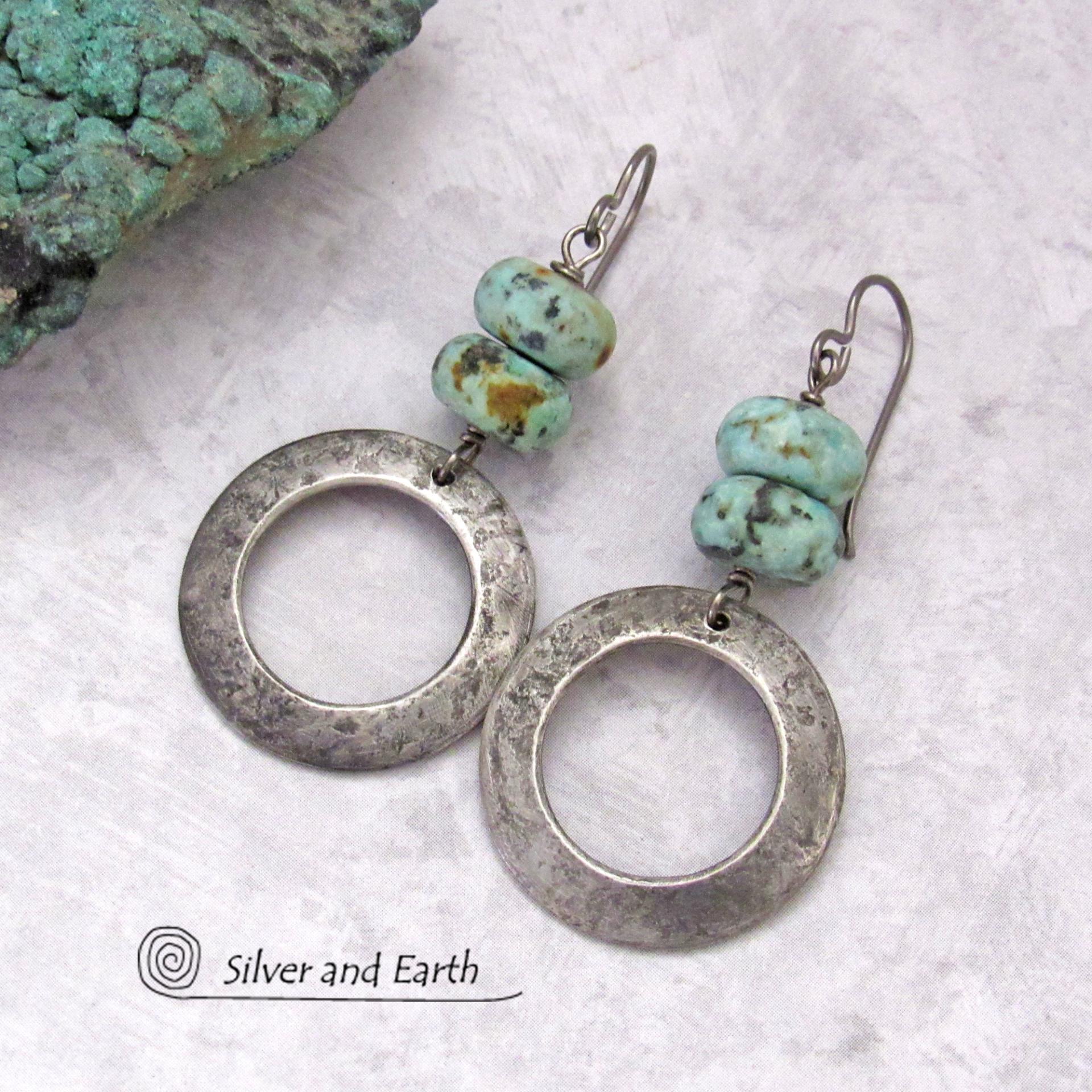 African Turquoise Silver Pewter Hoop Earrings - Modern Earthy Natural Gemstone Jewelry