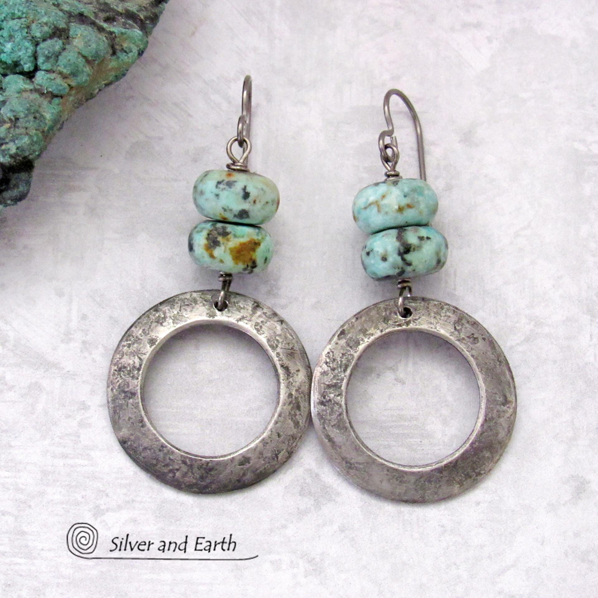 African Turquoise Silver Pewter Hoop Earrings - Modern Earthy Natural Gemstone Jewelry