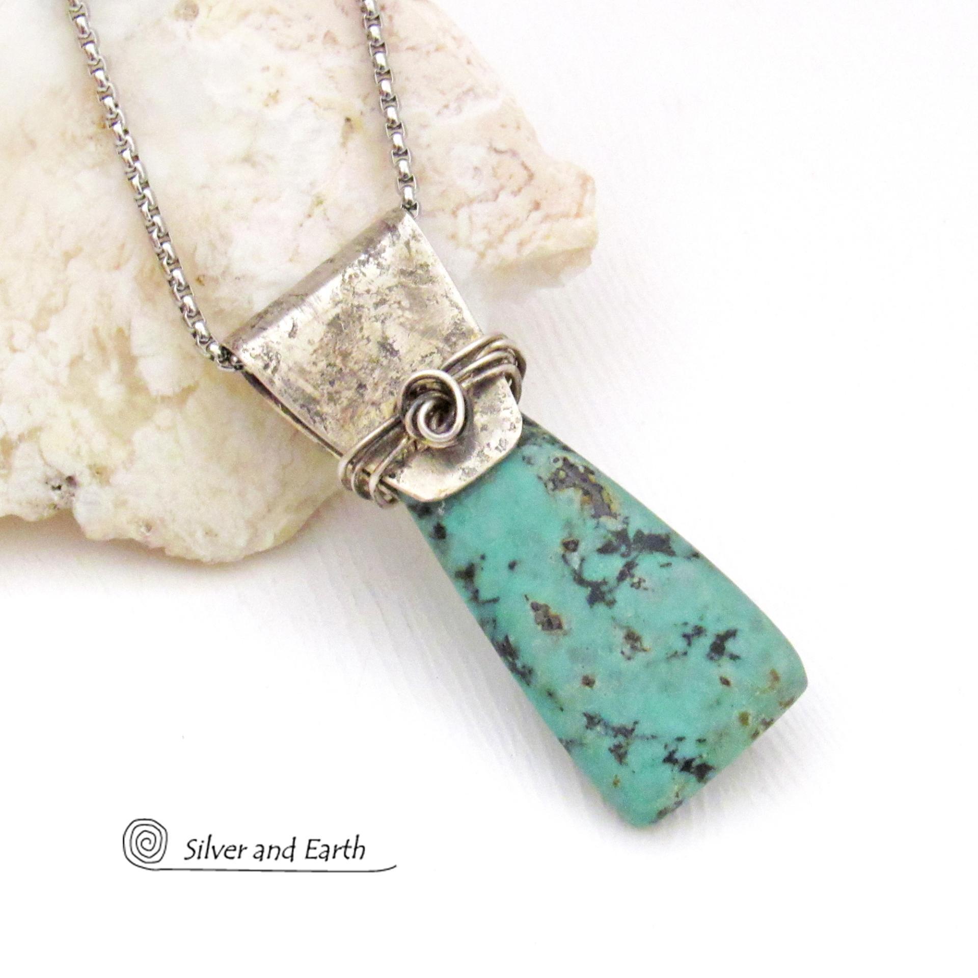 African Turquoise Sterling Silver Necklace - Small Petite Natural Gemstone Pendant Necklace