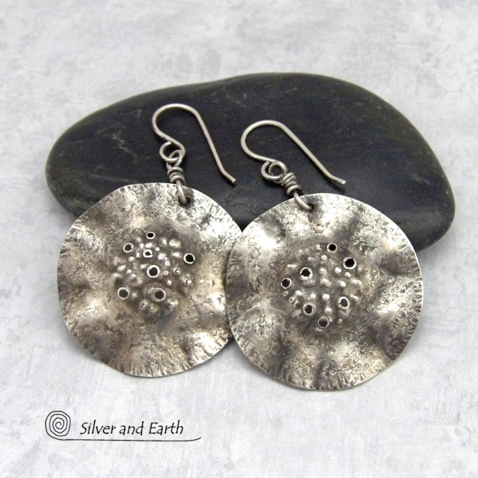 Oxidized Solid Sterling Silver Dangle Earrings with Hammered Earthy Organic Texture - Artisan Handcrafted Edgy Modern Jewelry