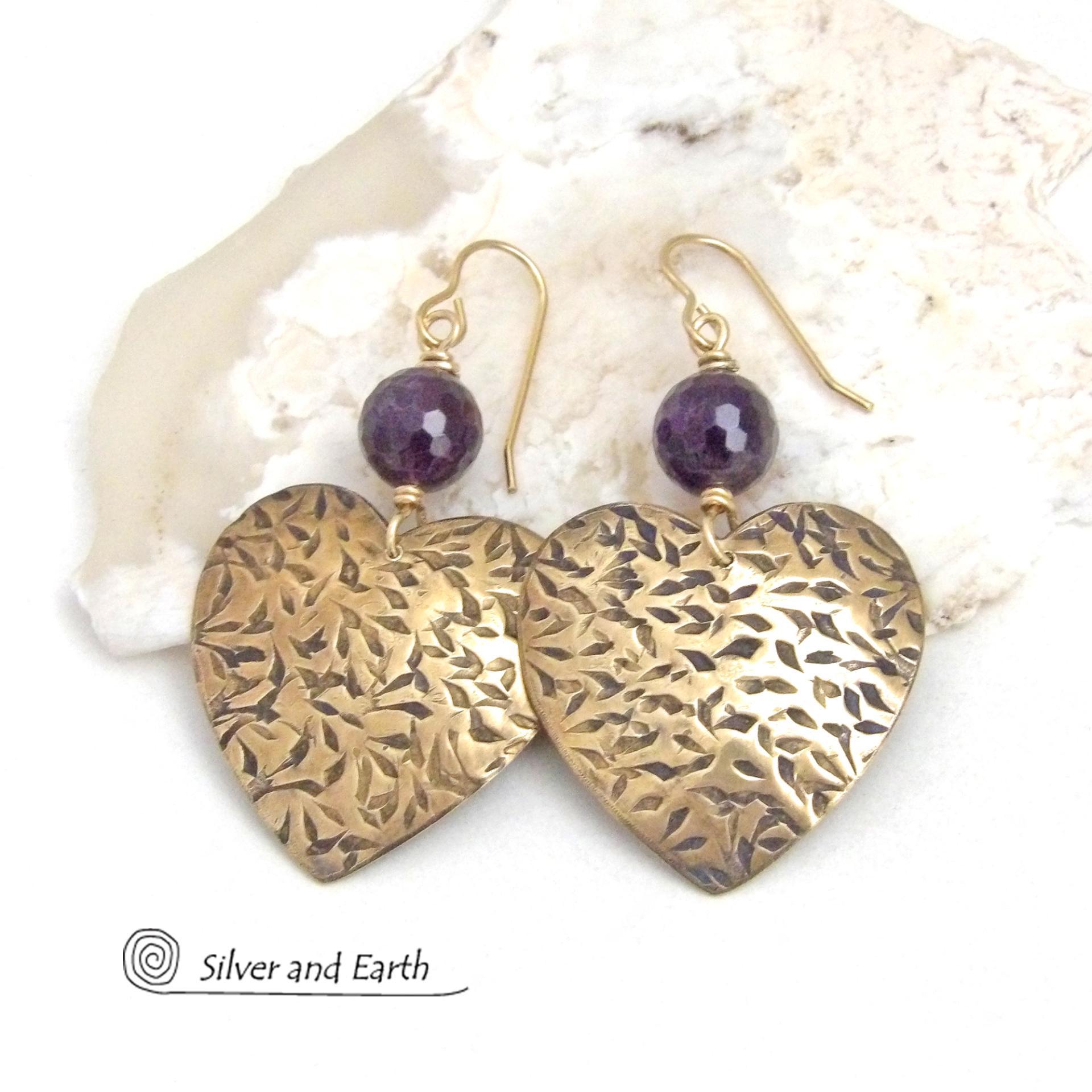 Gold Brass Heart Earrings with Faceted Amethyst Gemstones - Romantic Jewelry Gifts for Women