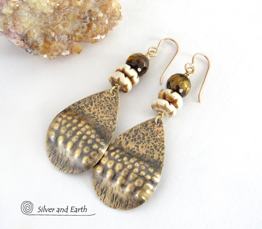 Brass Tribal Earrings with Faceted Brown Tiger's Eye Gemstones and African Carved Bone