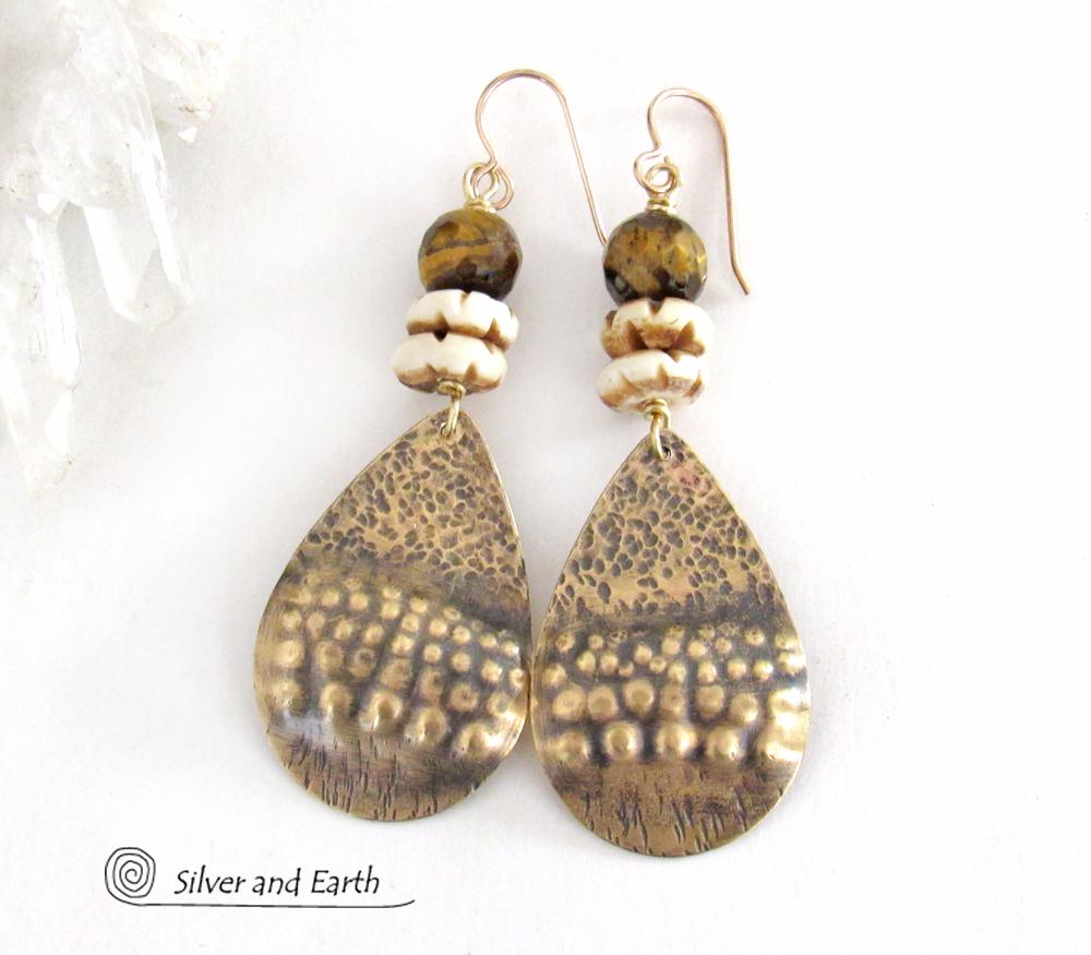 Brass Tribal Earrings with Faceted Brown Tiger's Eye Gemstones and African Carved Bone