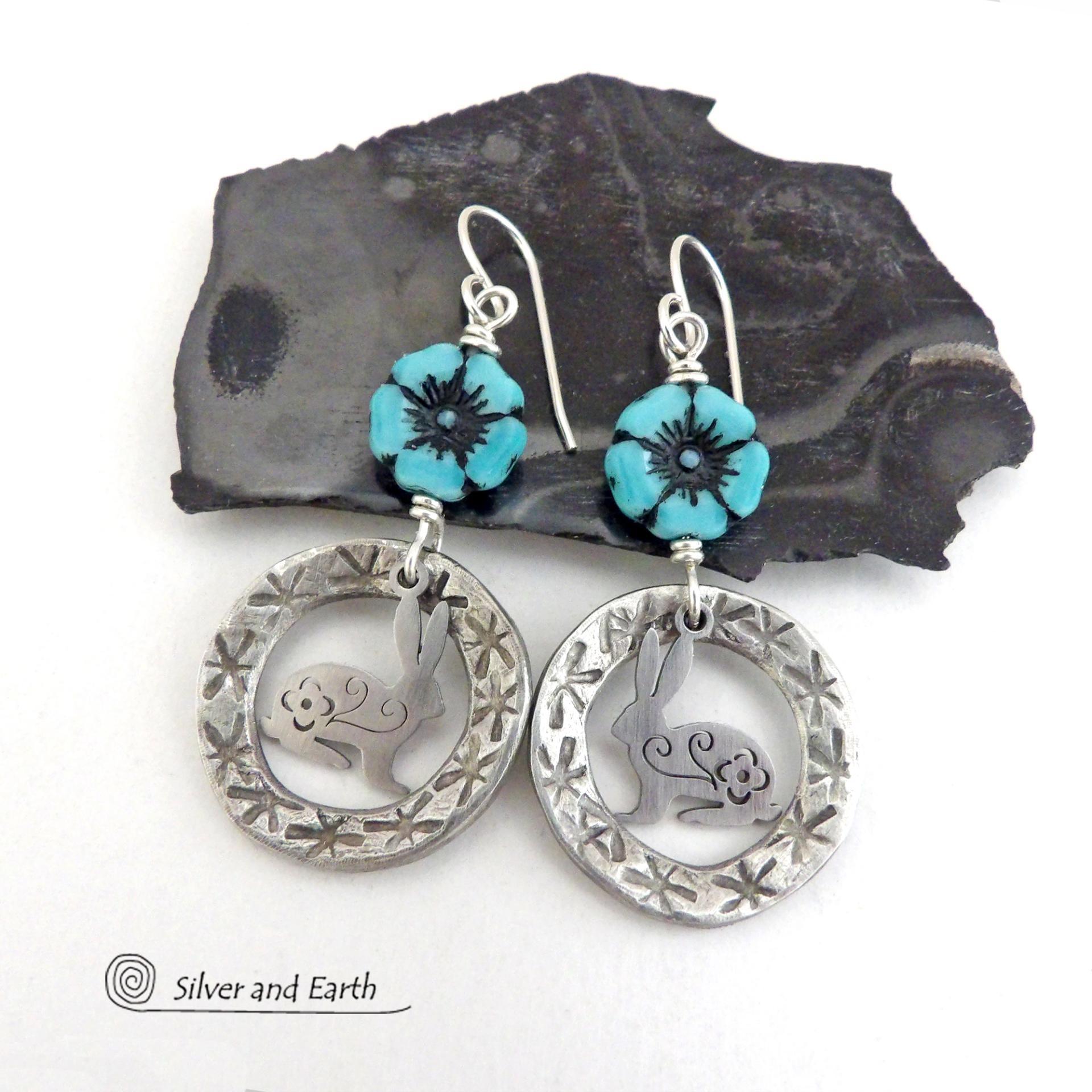 Silver Pewter Circle Hoop Earrings with Blue Flower Beads and Bunny Rabbit Charms - Unique Jewelry Gifts for Flower, Nature & Rabbit Lovers