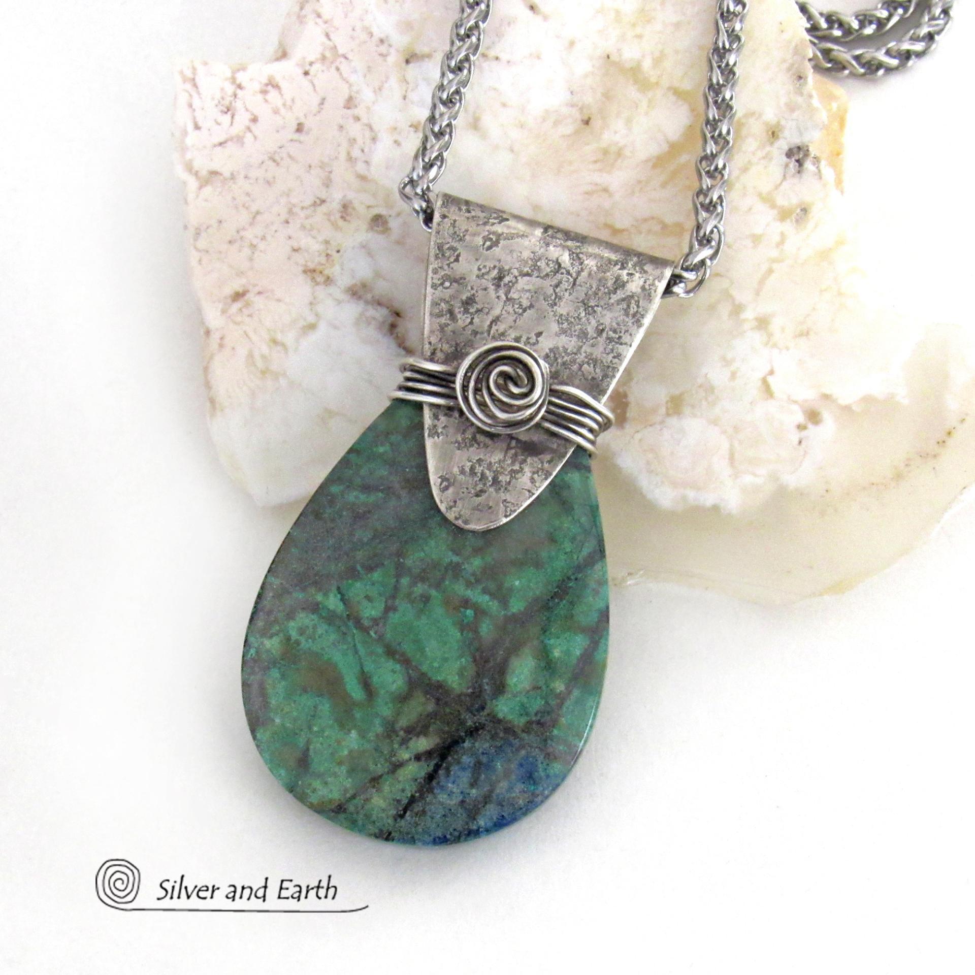 Blue Green Chrysocolla Sterling Silver Necklace - Unique One of a Kind Natural Gemstone Jewelry 