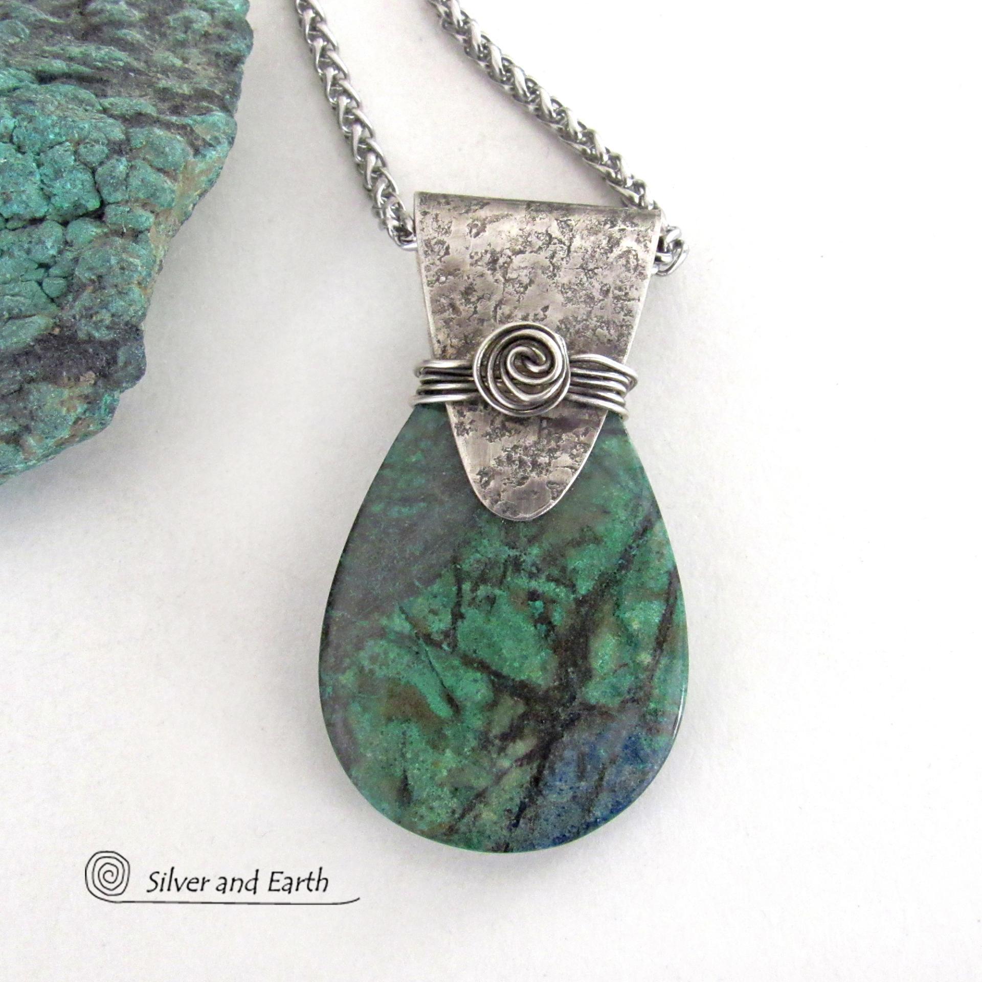 Blue Green Chrysocolla Sterling Silver Necklace - Unique One of a Kind Natural Gemstone Jewelry 
