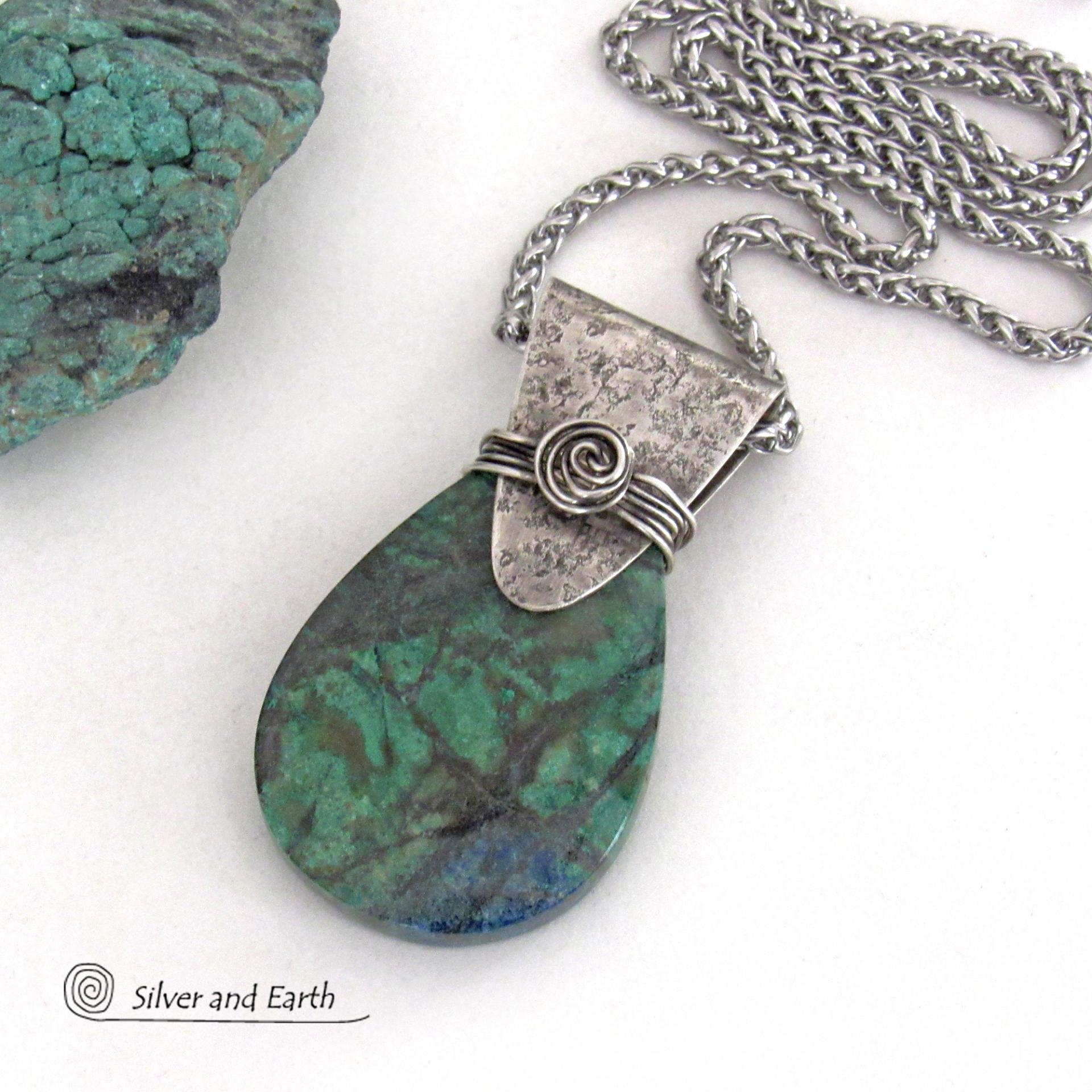 Blue Green Chrysocolla Sterling Silver Necklace - Unique One of a Kind Natural Gemstone Jewelry 