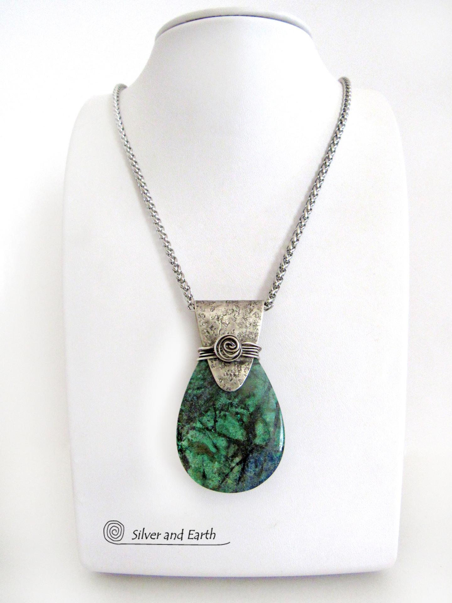 Blue Green Chrysocolla Sterling Silver Necklace - Unique One of a Kind Natural Gemstone Jewelry 