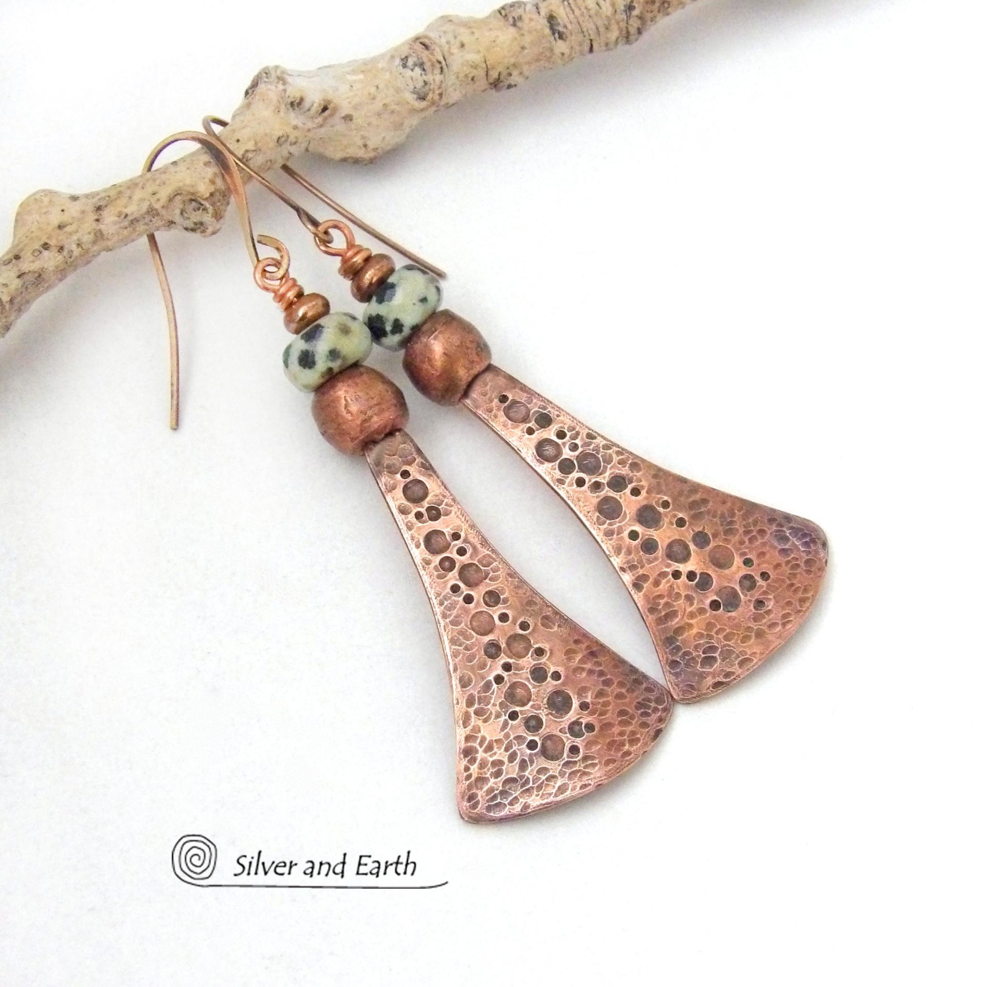 Long Copper Dangle Earrings with Dalmatian Jasper Stones - Artisan Handmade Earthy Chic Boho Style Jewelry