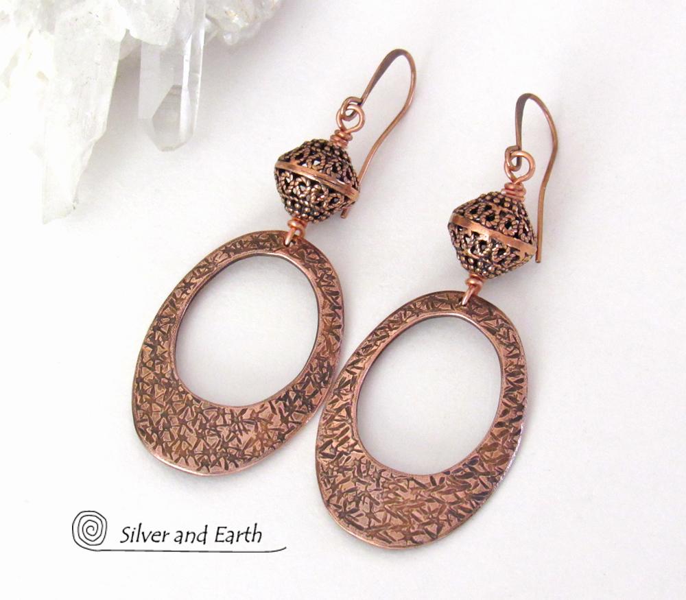 Modern Copper Oval Hoop Earrings with Filigree Beads - 7th Anniversary Gifts for Women