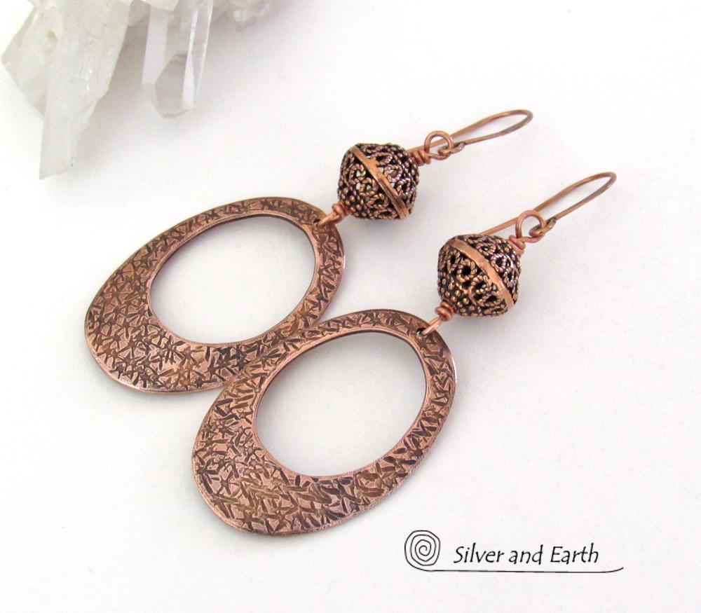 Modern Copper Oval Hoop Earrings with Filigree Beads - 7th Anniversary Gifts for Women