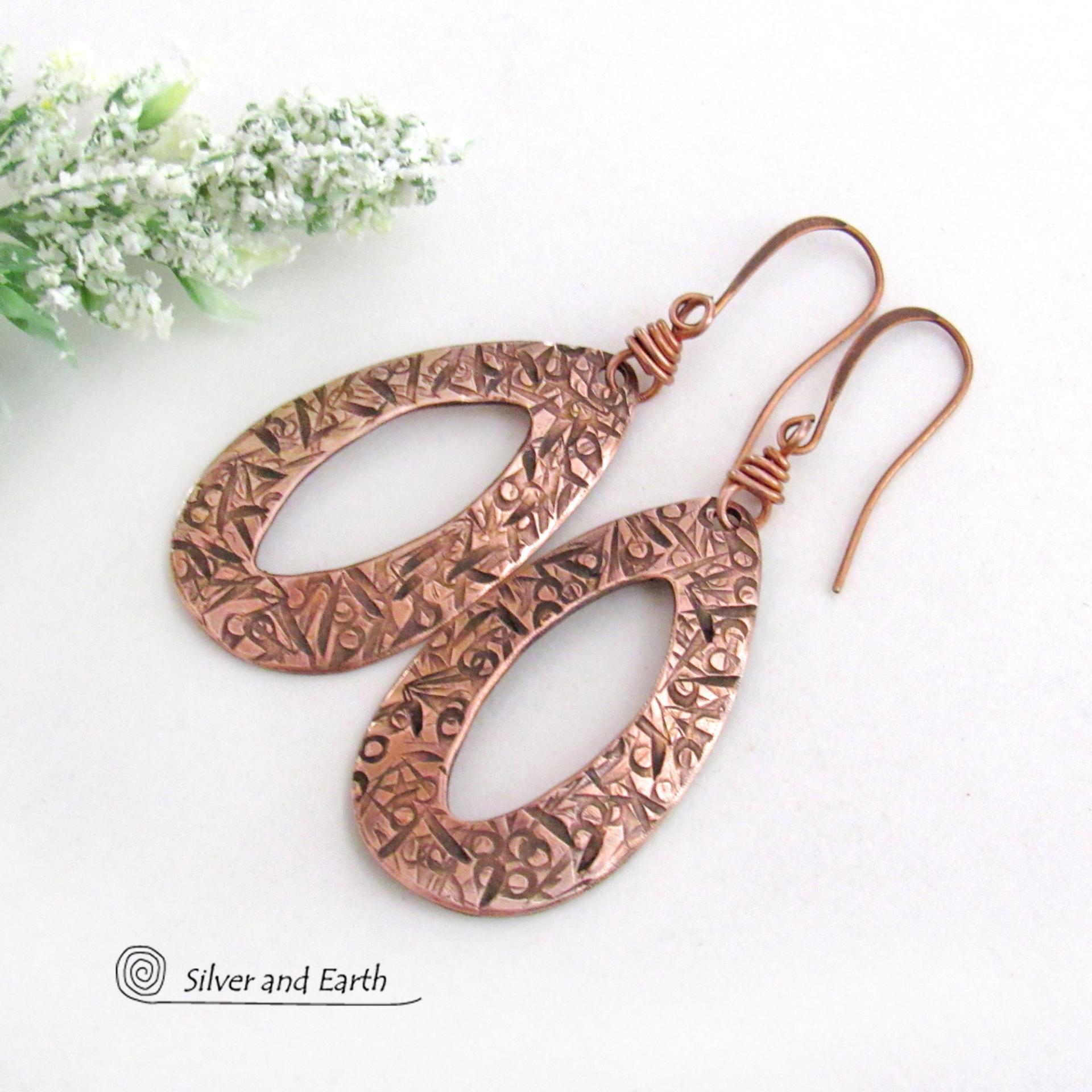 Hand Stamped Copper Earrings - 7th Anniversary Modern Jewelry Gifts for Women