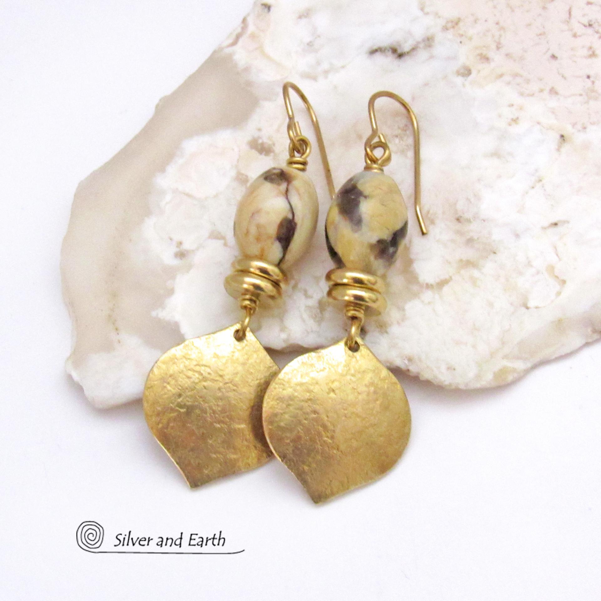 Gold Brass Dangle Earrings with Graphic Feldspar Moonstones - Modern Elegant Earthy Chic Jewelry