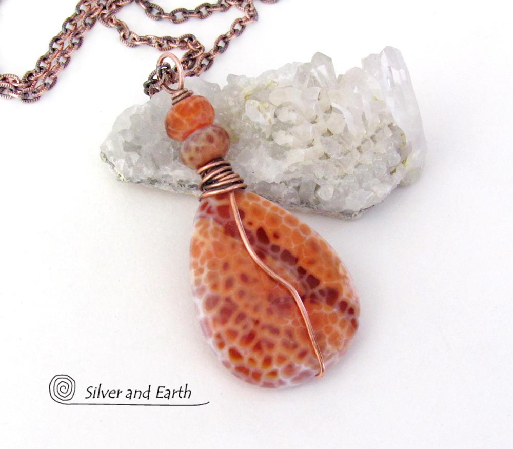 Orange Fire Agate Gemstone Pendant Necklace Wire Wrapped in Copper - Earthy Modern One of a Kind Gemstone Jewelry