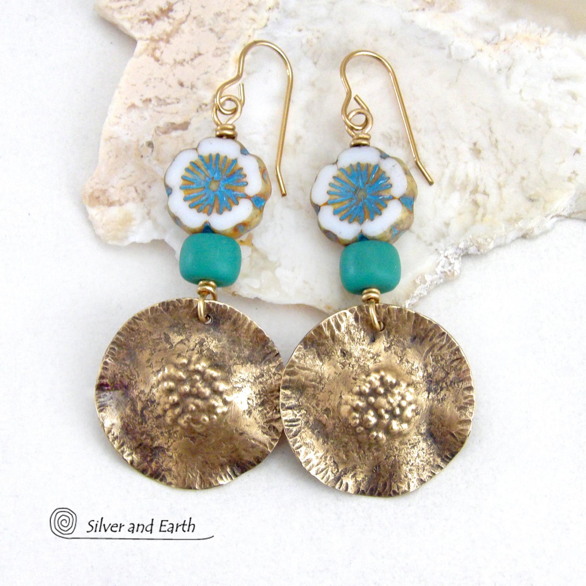 Textured Gold Brass Earrings with White & Blue Flower Glass Beads - Nature Gifts for Women