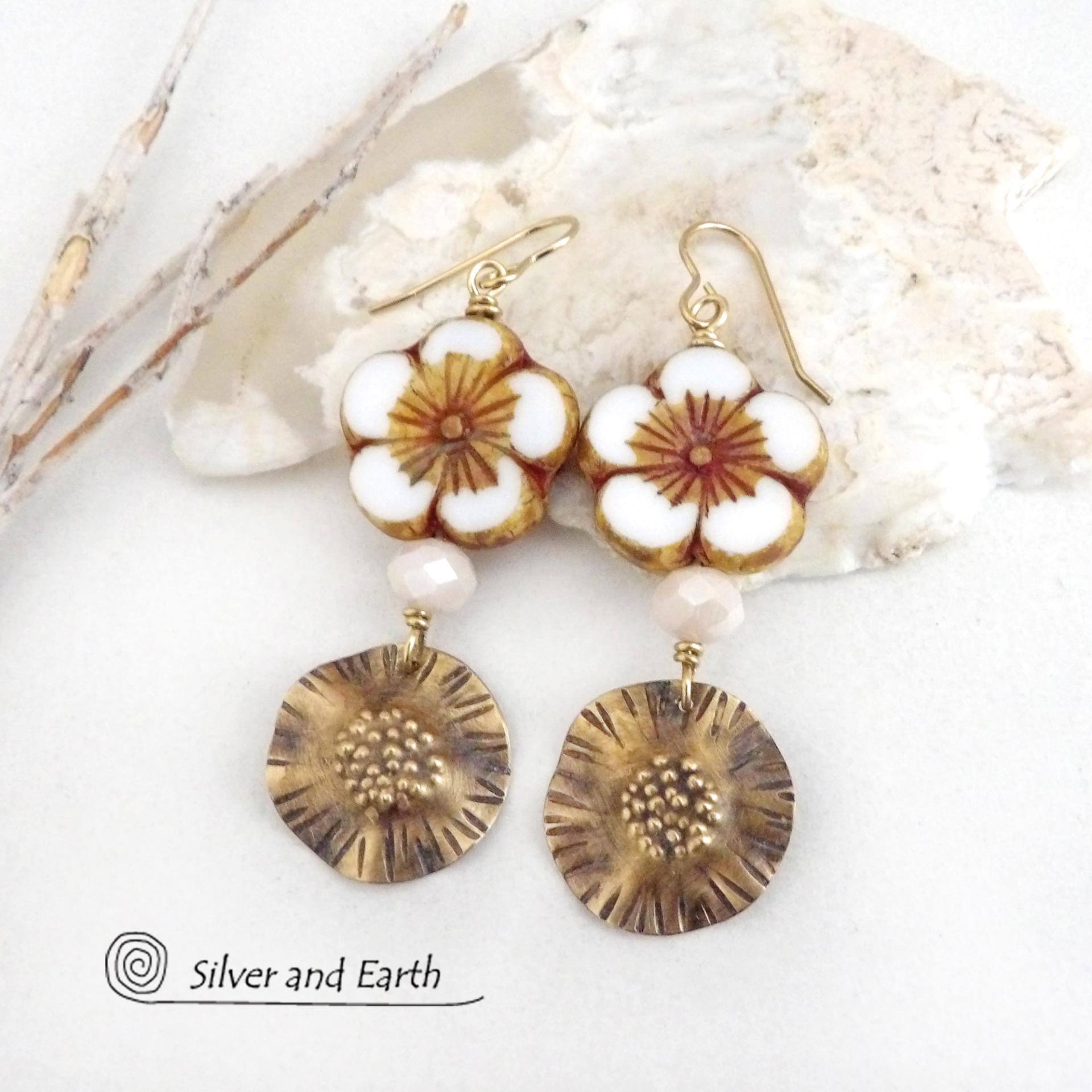 White Flower Gold Brass Earrings with Faceted Crystal Beads - Modern Elegant Nature Jewelry Gifts for Women