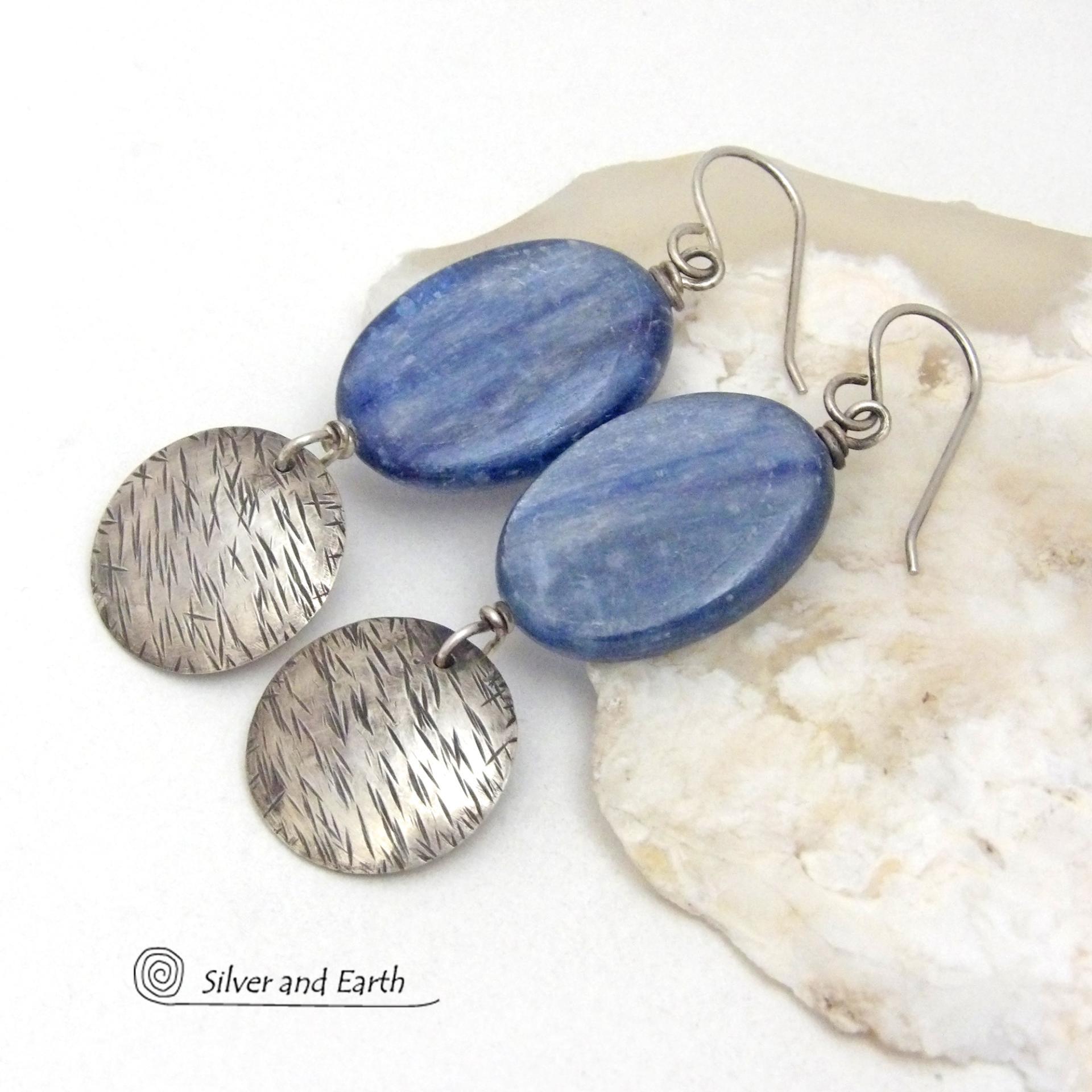 Blue Kyanite Earrings with Sterling Silver Dangles - Natural Gemstone Jewelry