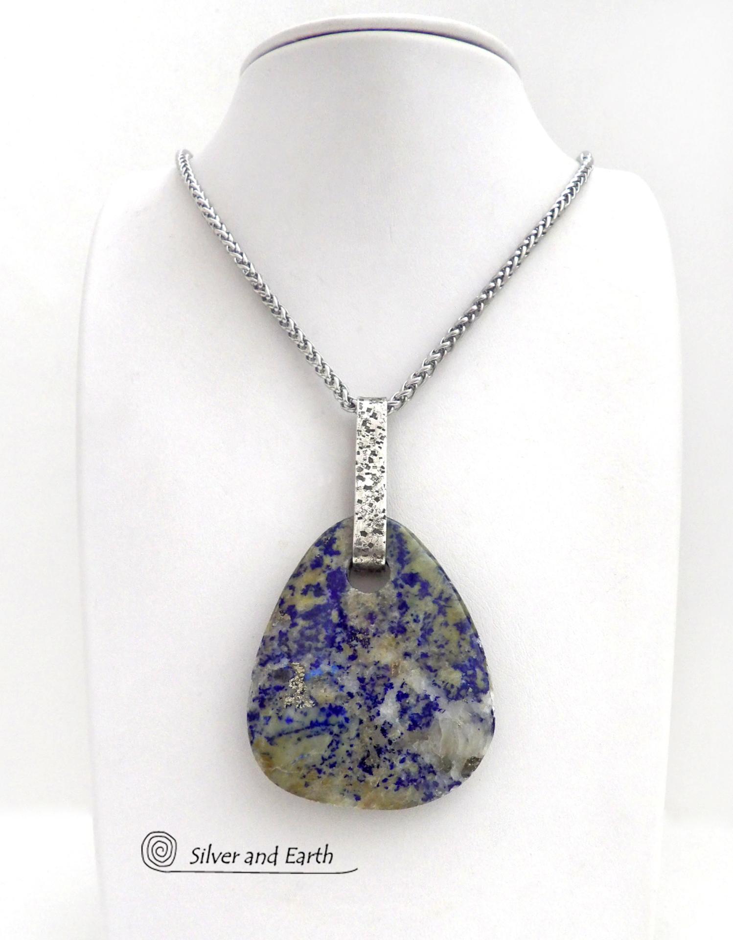 Blue Lapis Lazuli in Calcite Sterling Silver Pendant Necklace - One of a Kind Bold Modern Natural Gemstone Jewelry