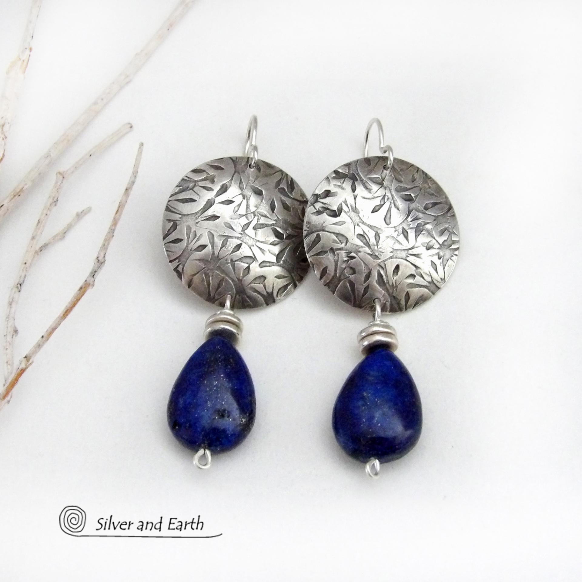 Blue Lapis Lazuli Sterling Silver Earrings - Artisan Handcrafted Contemporary Modern Chic Gemstone Jewelry