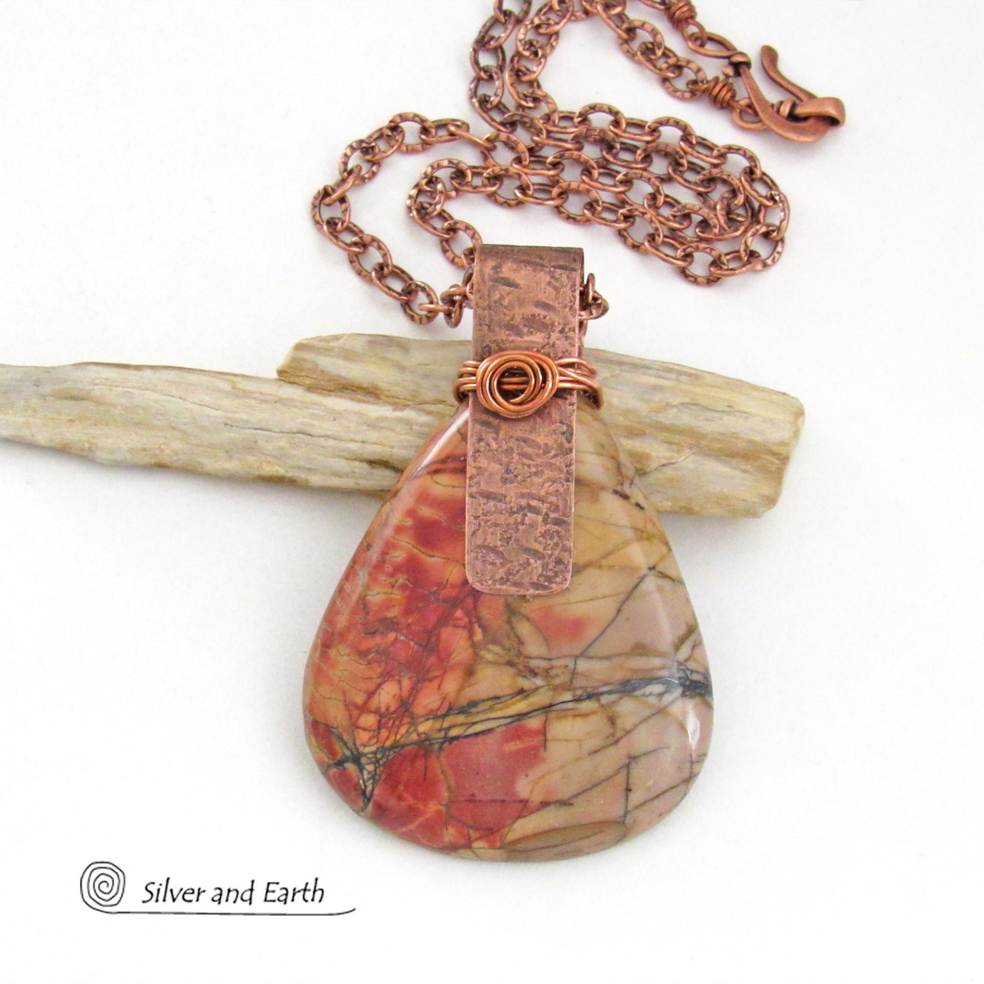 Large Red Creek Jasper Copper Necklace - Bold Earthy Natural Stone Jewelry