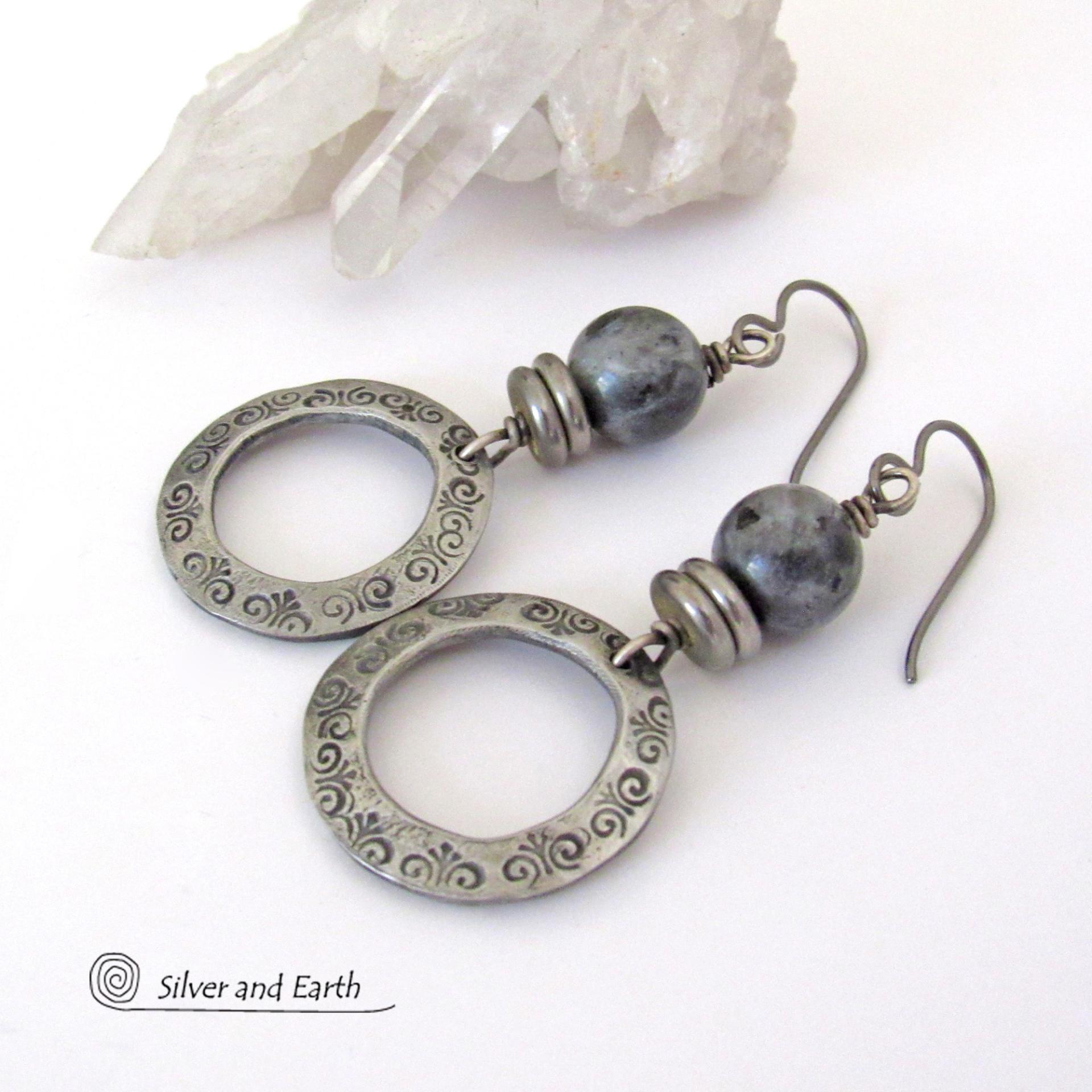 Silver Pewter Hoop Earrings with Larvikite Gemstones - Black Labradorite / Norwegian Moonstone Jewelry