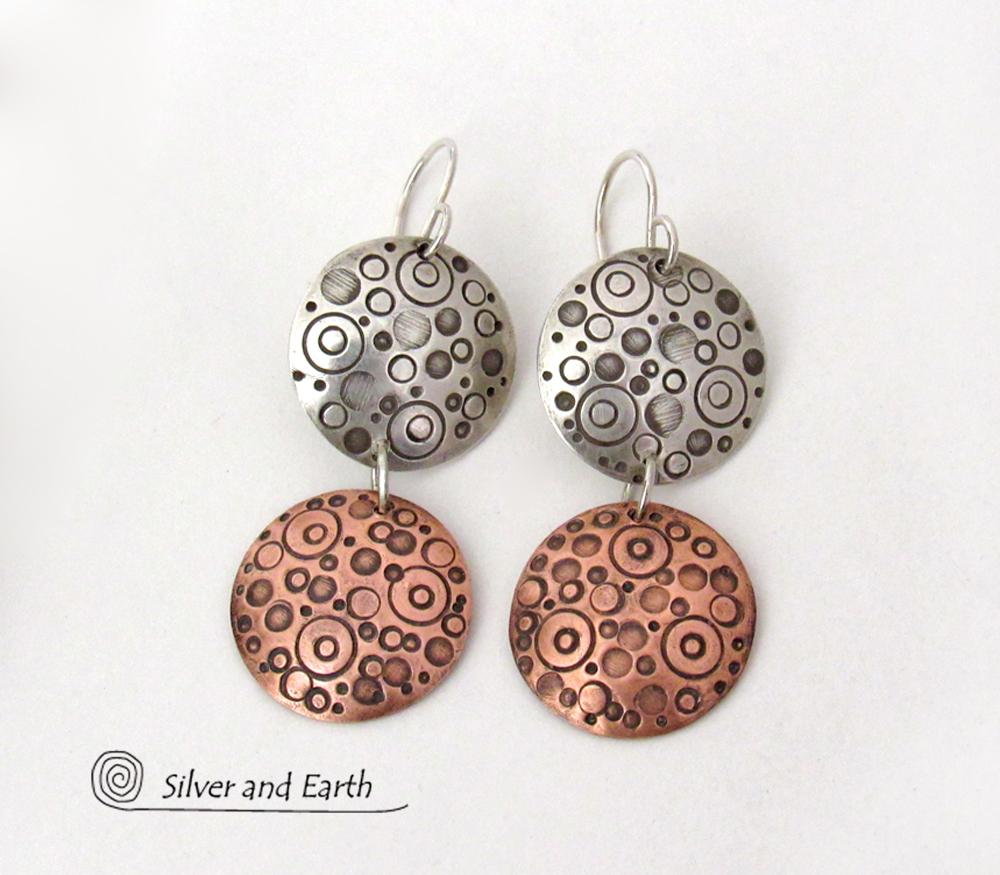 Sterling Silver and Copper Small Circle Hand Stamped Dangle Earrings - Artisan Handmade Modern Mixed Metal Jewelry